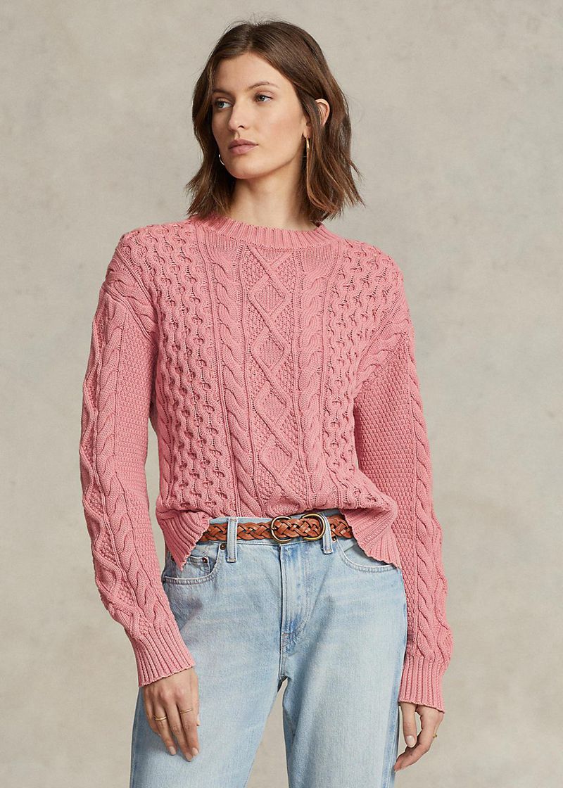 Sweater Polo Ralph Lauren Damska Różowe Aran-Knit Cotton Okrągłym Dekoltem Jumper 871206-DMB